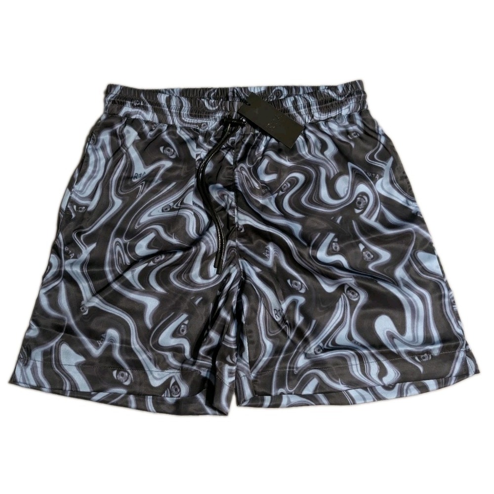 RTA Clyde Shorts Mens L Black Blue Distorted Face Marble Graphic Drawstring NWT
